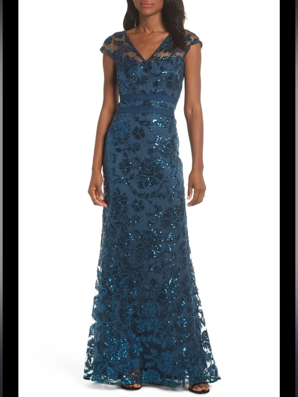 Tadashi Shoji Teal Blue Lace & Sequin V-Neck Evening Gown re-posh